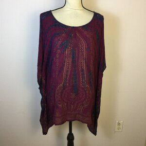 World Market Kimono Poncho Top Women L/XL Batik Purple Magenta Rayon Pullover